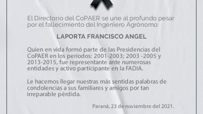 El Directorio del CoPAER se une al profundo pesar por el fallecimiento del Ingeniero Agrónomo LAPORTA FRANCISCO ANGEL